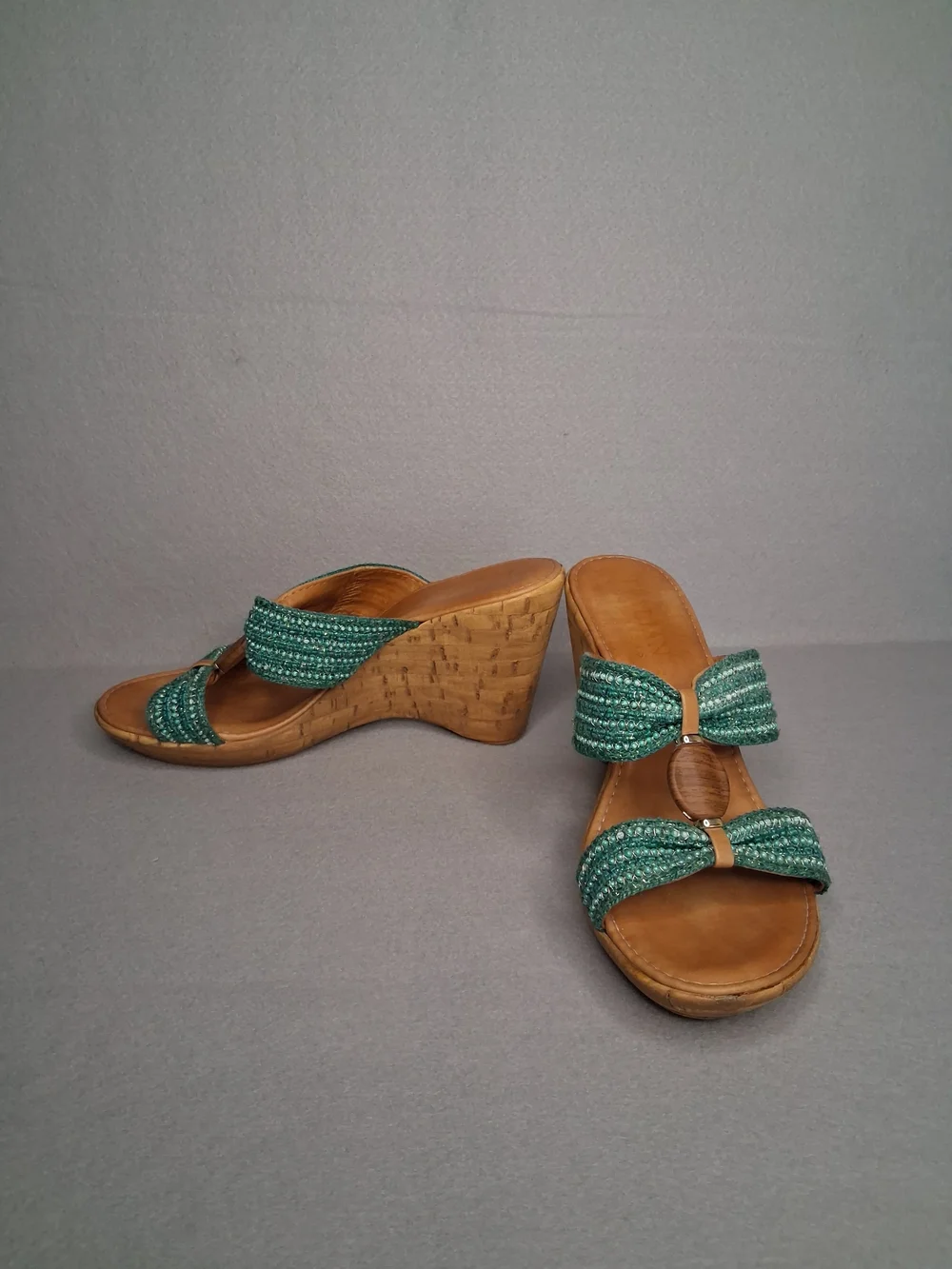 Italian Shoemakers Teal Beaded Cork Wedge Sandals Size 9 Boho Slide Heels